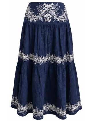 Floral Embroidered Tiered  Midi Skirt