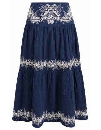 Floral Embroidered Tiered  Midi Skirt
