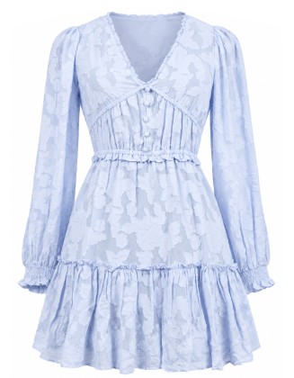 Blue Floral Jacquard  V-Neck Ruffle Mini Dress