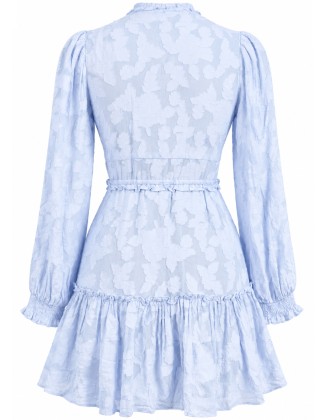Blue Floral Jacquard  V-Neck Ruffle Mini Dress