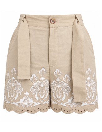 Beige Embroidered Tie-Waist Shorts
