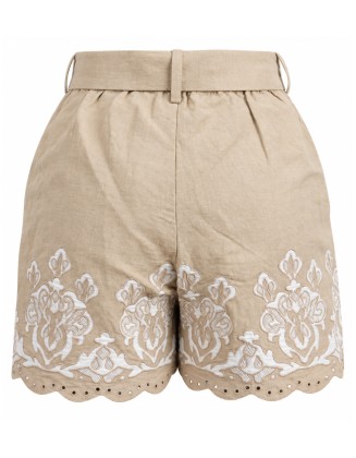 Beige Embroidered Tie-Waist Shorts