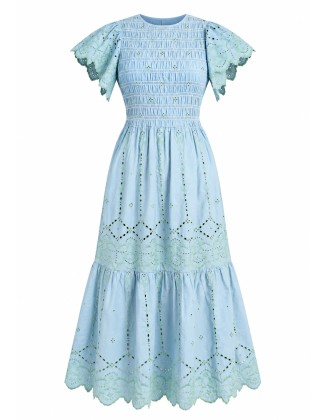 Blue Eyelet Embroidered Maxi Dress