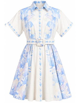 Floral Print Belted  Button-Down Midi Shirt Dress