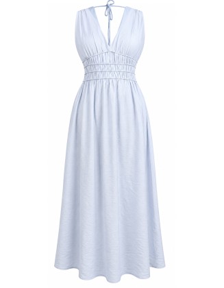 Blue Plunge V-Neck Shirred-Waist Maxi Dress