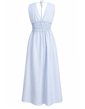 Blue Plunge V-Neck Shirred-Waist Maxi Dress