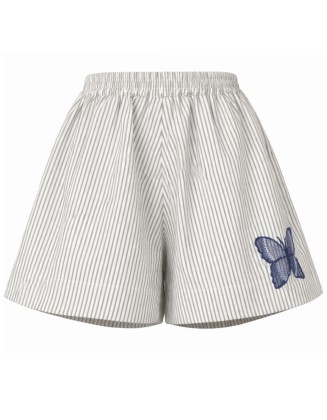Stripe Cotton Shorts with Butterfly Embroidery