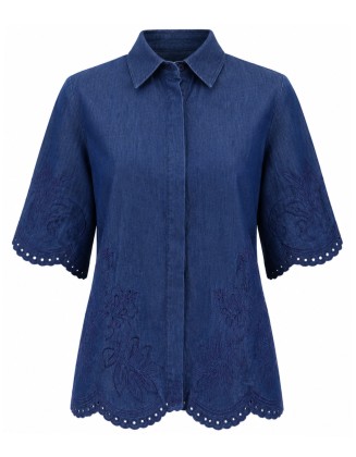 Embroidered Denim Scallop Hem Shirt