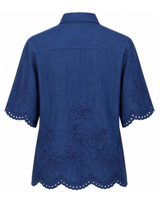Embroidered Denim Scallop Hem Shirt