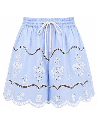 Blue Embroidered Scallop Shorts