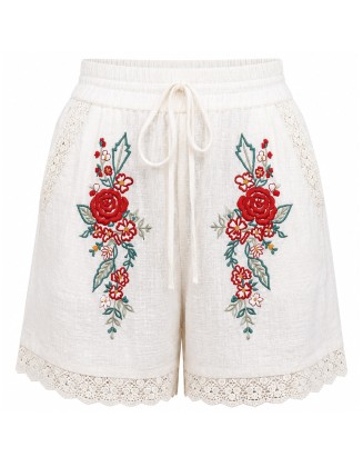 Shorts with Red Floral Embroidery and Lace Trim