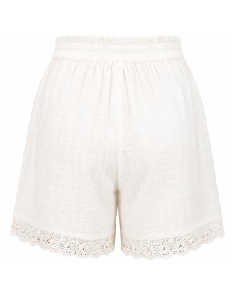 Shorts with Red Floral Embroidery and Lace Trim