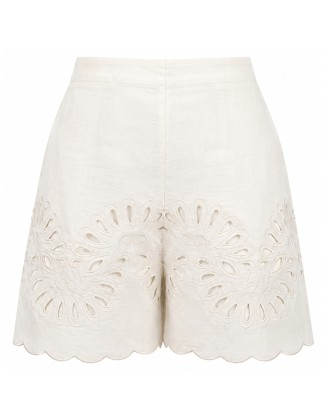 White Embroidered Scallop Hem Shorts