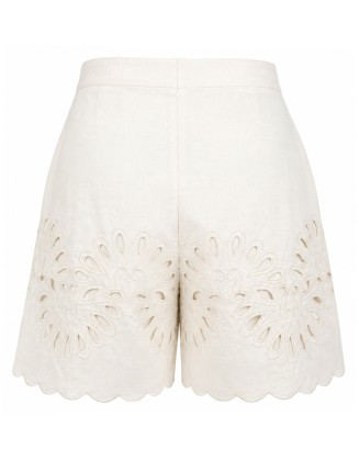 White Embroidered Scallop Hem Shorts