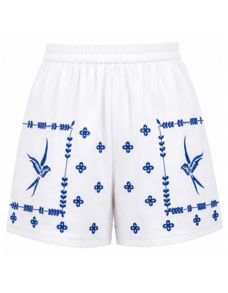 White Embroidered Hummingbird Lounge Shorts