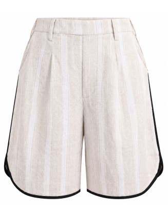 Ivory Textured Tailored Shorts with Black Piping and Pleated Front