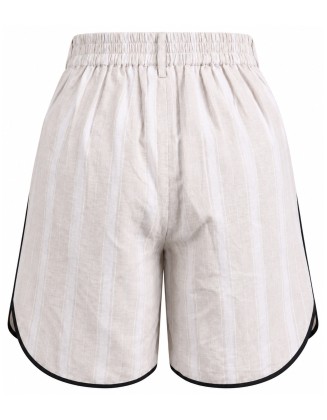 Ivory Textured Tailored Shorts with Black Piping and Pleated Front