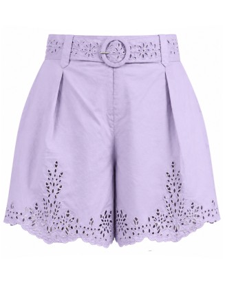 Lilac Embroidered Shorts with Scalloped Hem and Eyelet Belt Detail