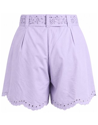 Lilac Embroidered Shorts with Scalloped Hem and Eyelet Belt Detail