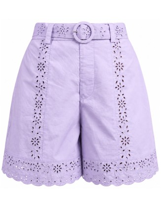 Lilac Eyelet Embroidered Shorts with Matching Buckle Belt and Scalloped Hem