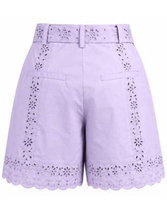 Lilac Eyelet Embroidered Shorts with Matching Buckle Belt and Scalloped Hem