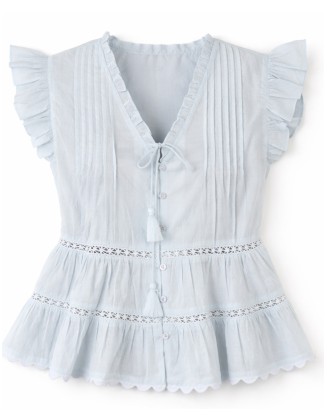 Lace Insert Blue Ruffle Top