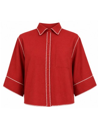 Red Contrast Stitch Button-Up Shirt