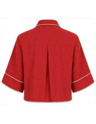Red Contrast Stitch Button-Up Shirt