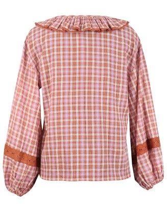 Lace Insert Rust Check Ruffle Shirt