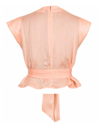 Peach Satin Drape Tie-Waist Top