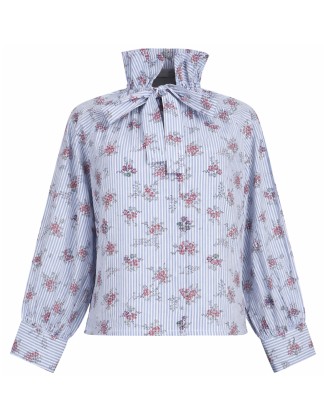 Blue Stripe Floral Tie-Neck Blouse
