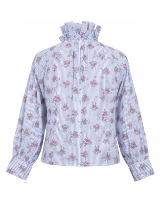 Blue Stripe Floral Tie-Neck Blouse