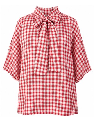 Check Print Tie Neck Top
