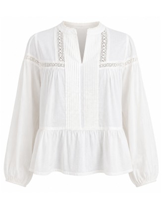 White Pleated Lace-Trim Blouse