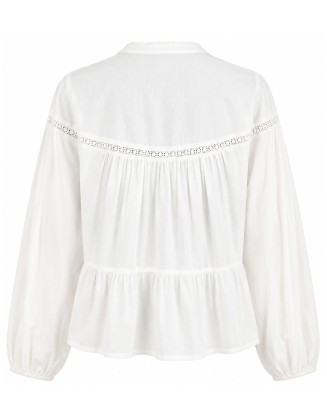 White Pleated Lace-Trim Blouse