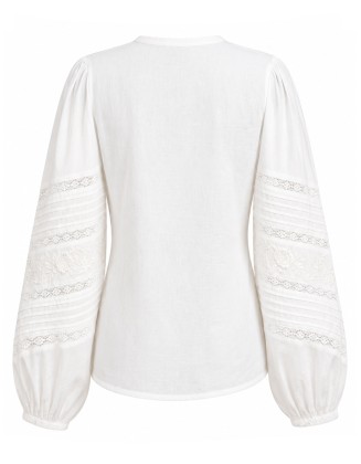 White Embroidered Lace  Pintuck Tunic Blouse