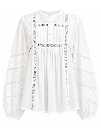 White Embroidered Lace  Pintuck Tunic Blouse