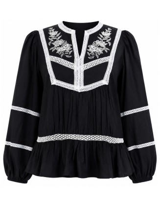 Black V-Neck Peplum with Embroidery Blouse