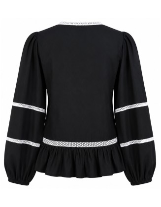 Black V-Neck Peplum with Embroidery Blouse