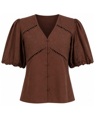 Blouse with Tonal Floral Embroidery and Ladder Lace