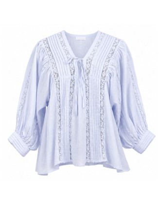 Light Blue Pintuck Lace Top