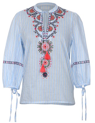 Sky Blue Embroidered Tassel Stripe Blouse