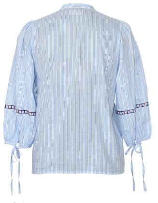 Sky Blue Embroidered Tassel Stripe Blouse