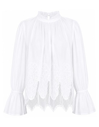 White Lace Hem Ruffle Neck Blouse