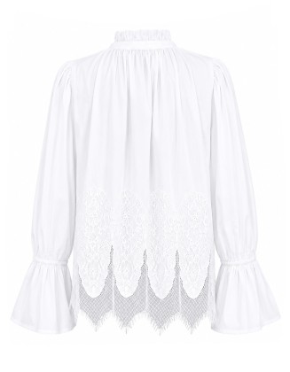 White Lace Hem Ruffle Neck Blouse
