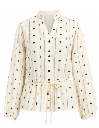 Lace Insert Geo Print  Drawstring Blouse