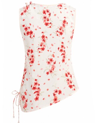 Ivory Floral Draped Sleeveless Satin Top
