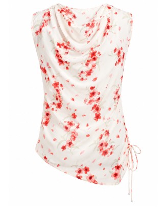 Ivory Floral Draped Sleeveless Satin Top