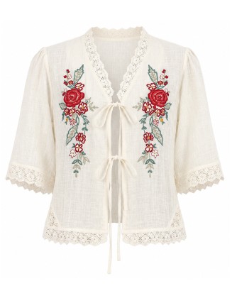 Lace Insert Floral Embroidered Top