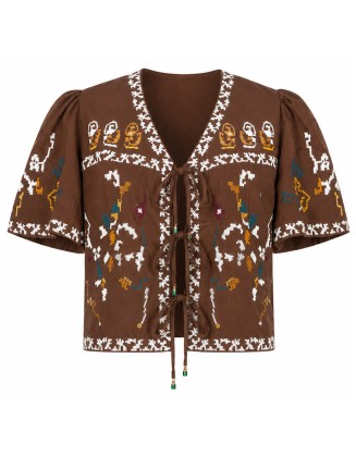 Brown Embroidered Puff Sleeve Top